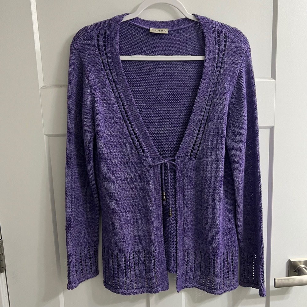 Canda Collection Purple Tie Front Pointelle Knit Cardigan Sweater Beaded Tassels